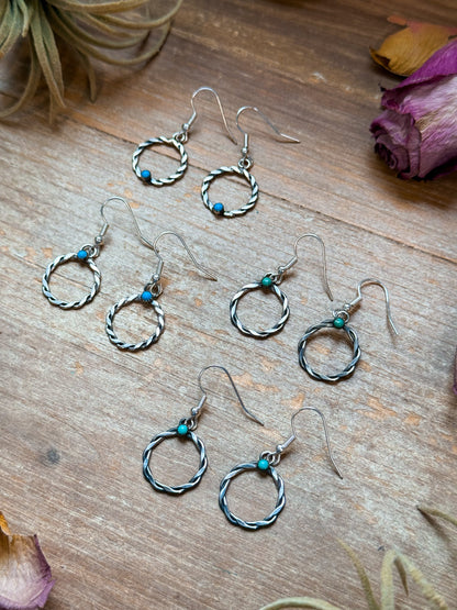 Sterling Silver Mini Hoop Dangle Earrings with Turquoise