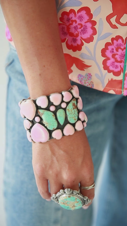 The Laguna | Pink Conch Heart and Turquoise Butterfly Cuff by Russell Sam